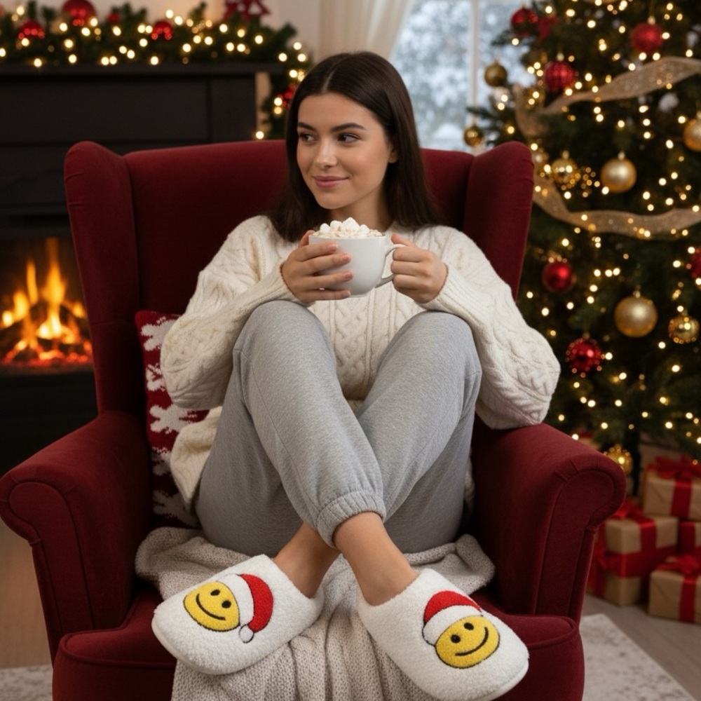 Cozy Holiday Smiley Face‎ Slippers - Cream